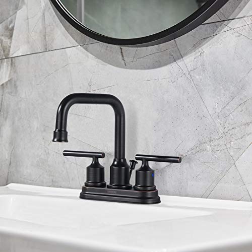 WOWOW Oil Rubbed Bronze Bathroom Faucet for Bathroom Sink Faucet 3 Hole Lavatory Faucet 2 Handle Vanity Faucet with Drain and Supply Hose Mixer Tap High Arc Swivel Spout - color: Oil Rubbed Bronze, style: Centerset - 4 Inch