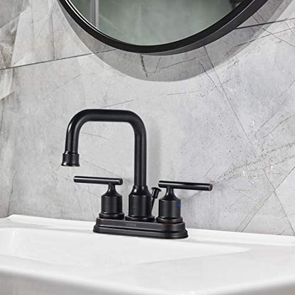 WOWOW Oil Rubbed Bronze Bathroom Faucet for Bathroom Sink Faucet 3 Hole Lavatory Faucet 2 Handle Vanity Faucet with Drain and Supply Hose Mixer Tap High Arc Swivel Spout - color: Oil Rubbed Bronze, style: Centerset - 4 Inch