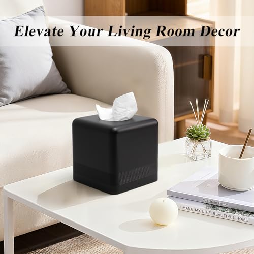 Resin Tissue Box Cover, Modern Square Holder, Black | Black resin tissue box cover with modern square design and silicone feet for bathroom vanity, office desk, and living room - color: Black