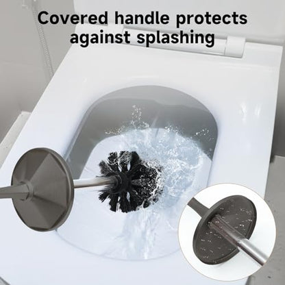 Pewter Toilet Brush and Holder，Extra Long Handled Toilet Brush for Bathroom，Stainless Steel Heavy Duty Toilet Bowl Brush,Deep Cleaning Modern Toilet Cleaner Brush -Space Saving, Covered Brush - color: Pewter