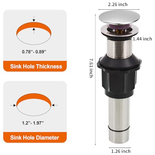 Bathroom Sink Drain Without Overflow, Chrome Bathroom Sink Stopper for Vanity Vessel Sink, Rapid Draining Stainless Steel Pop Up Drain with Hair Catcher Anti-Clog Strainer - color: Chrome