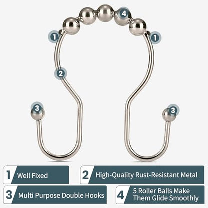 Shower Curtain Hooks, OEH Shower Curtain Rings, Metal Shower Curtain Rings Rust Proof, Smooth Gliding Metal Shower Curtain Hooks Rust Proof, Double Double Shower Rings for Curtain, 12 Pcs, Nickel - color: Nickel, size: Classic Double Hooks