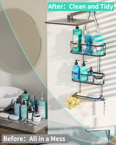 HapiRm Hanging Shower Caddy, Rustproof & Waterproof Shower Organizer with Soap Holder & 4 Hooks, No Drilling Hanging Bathroom Shelf for Bathroom - Black