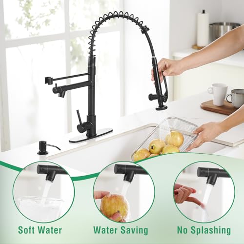 Fapully Commercial Pull Down Kitchen Sink Faucet with Sprayer Matte Black | Single Handle Faucets for Kitchen Sink, Kitchen Faucet with Soap Dispenser and Deck Plack for 4 Holes, 1.8GPM Water Flow - color: Matte Black, style: Contemporary