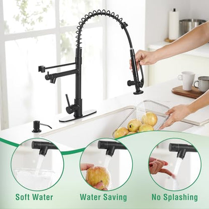 Fapully Commercial Pull Down Kitchen Sink Faucet with Sprayer Matte Black | Single Handle Faucets for Kitchen Sink, Kitchen Faucet with Soap Dispenser and Deck Plack for 4 Holes, 1.8GPM Water Flow - color: Matte Black, style: Contemporary
