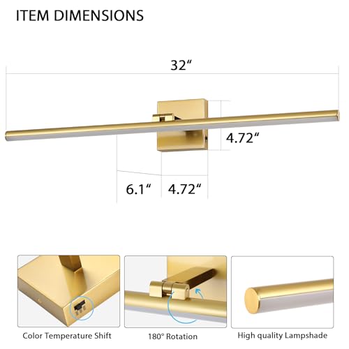 LED Bathroom Vanity Light, Modern Bathroom Light Fixture Over Mirror (3000K/4000K/6000K, Dimmable), Vanity Light Bar with Angle Adjustable, 32 Inch, Brass - color: Brass, size: 32 inch