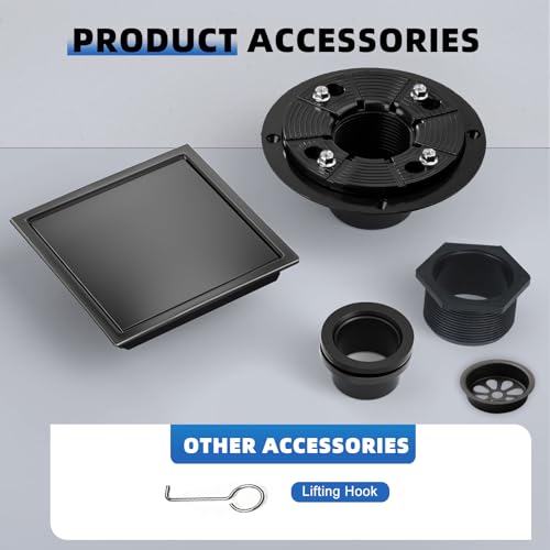 Square Shower Floor Drain with Flange, Shower Drain 6 inch with 2 in 1 Tile-Insert Cover, SUS 304 Stainless Steel, Matte Black - color: Matte Black, size: Ultra flat surface