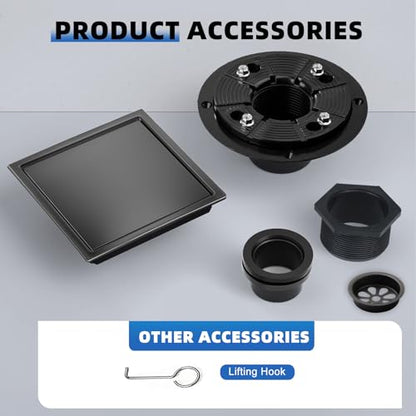 Square Shower Floor Drain with Flange, Shower Drain 6 inch with 2 in 1 Tile-Insert Cover, SUS 304 Stainless Steel, Matte Black - color: Matte Black, size: Ultra flat surface