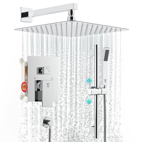 SR SUN RISE 10 Inch Square Shower System with Slide Bar,Polished Chrome | Rain Head and Handle System,16" Adjustable Shower Slide Bar,Soild Brass,Wall Mount,Included Valve and Trim Kit - color: Polished Chrome, size: 10 Inch
