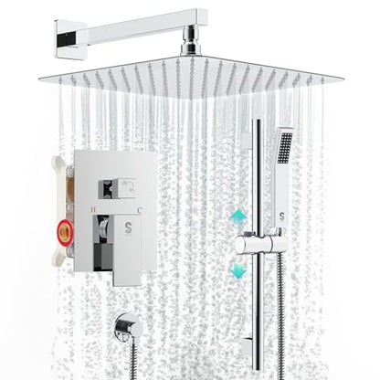 SR SUN RISE 10 Inch Square Shower System with Slide Bar,Polished Chrome | Rain Head and Handle System,16" Adjustable Shower Slide Bar,Soild Brass,Wall Mount,Included Valve and Trim Kit - color: Polished Chrome, size: 10 Inch