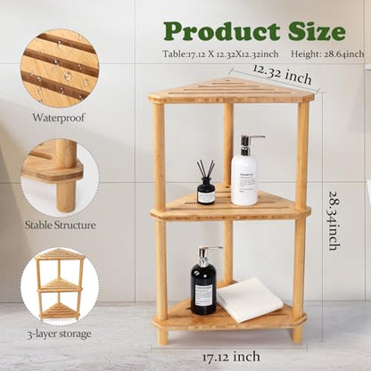 Corner Shelf Shower Caddy Stand 3-Tier,Standing Bathroom Organizer | Bamboo,Large Capacity Shower Storage,Space-Saving,Anti-Slip Feet,Waterproof,Easy to Assemble,Durable,Bath,Living Room,Kitchen - style: GU-QZST003