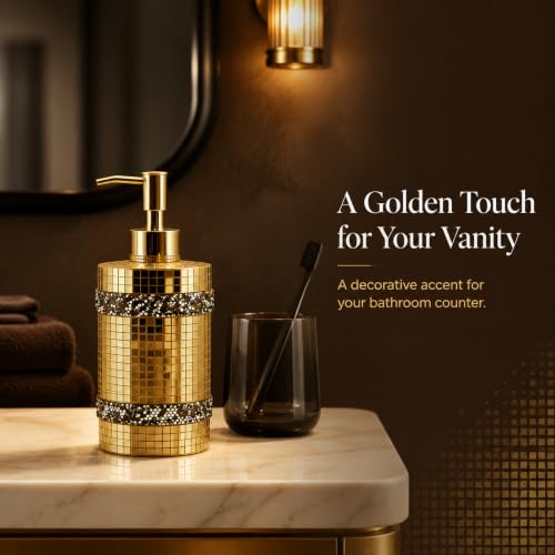 Gold Mosaic soap Dispenser, Shining Glass，Bathroom Reusable 12oz | Gold soap dispenser mosaic decorative , sparkling glass, kitchen and bathroom, artistic home decoration, countertop use - size: Soap Dispenser