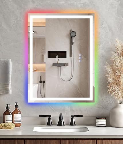 32x24 inches LED Bathroom Mirror Anti Fog Adjustable Brightness RGB Backlit and Front Lighting Wall Mounted Vanity Mirror with Memory Waterproof Tempered Glass for Bathroom Sink Decoration - color: Rgb, size: 32"L x 24"W