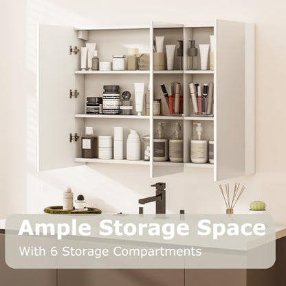 Tangkula Mirrored Medicine Cabinet, Large Wide Wall Mounted Storage Cabinet with 3 Mirror Doors, Hanging Bathroom Organizer, White, 34.5 x 5 x 25.5 Inches - size: 34.5 x 25.5 Inch