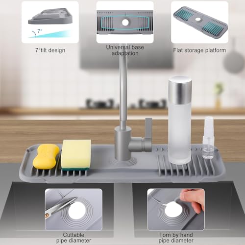 DK-SIMINA Silicone Faucet Mat Silicone Faucet Drip Catcher with Cuttable Circular Central for Kitchen Sink, Tailor-Made for Faucets with Deck Plate【Light Grey】 - color: Light Gray