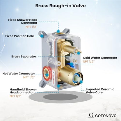gotonovo High Pressure Shower System Valve and Trim Kit,Brushed Gold | Round Rain 10 Inch Shower Head with Handheld Faucet Set Complete,Rough In Valve,2-in-1 Diverter,All Metal,Bathroom Wall Mount - color: Gold