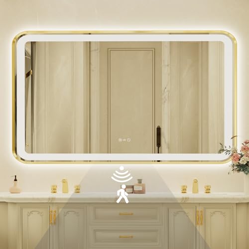 36x60 Inch Gold Framed LED Bathroom Mirror with Lights,Smart Bathroom Mirror,Motion Sensor,Anti-Fog,Stepless Dimmable & 3 Colors,Memory,Vanity Mirror for Wall - color: Gold-with Sensor Lights, size: 36"L x 60"W