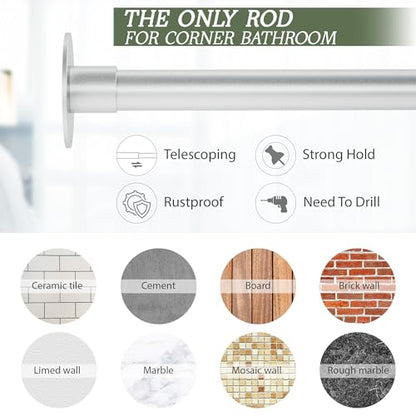 L Shaped Shower Curtain Rod, Adjustable 23.81"-53.15"x23.81"-53.15" Silver | Corner Shower Curtain Rod, 90 Degree, 12 Curtain Rings, for Bathroom Bathtub Clothing Store & Ceiling Support, Need to Drill