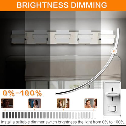 SOLFART Chrome 5 Light Bathroom Vanity Lights Over Mirror, Modern Chrome Bathroom Light Fixtures LED Lights Dimmable - color: Upgraded Chrome-6000K,100%-0% Dimmble Brightness, size: 5- Light,34Inch