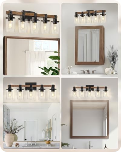 5-Light Bathroom Light Fixture, Farmhouse Vanity Lights for Bathroom with Glass Shade, Rustic Bathroom Light Fixtures, E26 Base F10BD05W1 - size: 5-Light