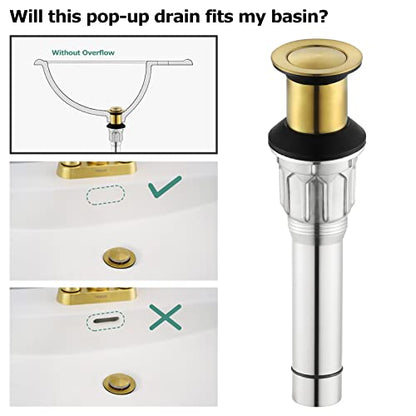 All Metal Bathroom Sink Drain Without Overflow, Stainless Steel Pop Up Drain for Lavatory Vanity Vessel Sink, Brushed Gold, 2108608 - color: Brushed Gold, style: Without Overflow