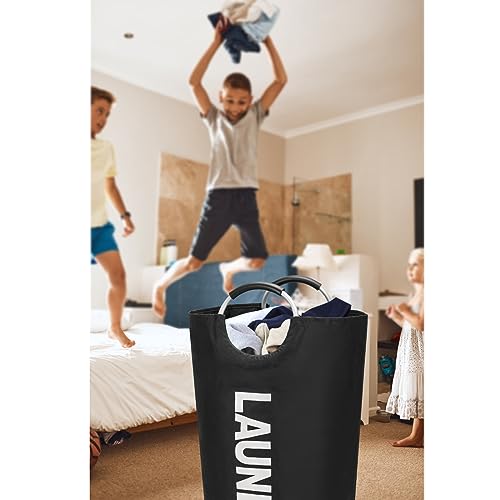 Maxsilan 90L Large Laundry Basket Bag, Collapsible Tall Hamper, Black | Freestanding tall laundry bag & foldable washing basket. Large capacity clothes storage bin with durable sturdy handles - color: Black, size: 90L