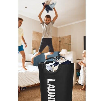 Maxsilan 90L Large Laundry Basket Bag, Collapsible Tall Hamper, Black | Freestanding tall laundry bag & foldable washing basket. Large capacity clothes storage bin with durable sturdy handles - color: Black, size: 90L