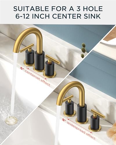 FORIOUS Black and Gold Bathroom Faucet Modern, 3 Hole Bathroom Faucet Black | Gold and Black Bathroom Faucet 3 Holes, 2 Handle Modern Bathroom Vanity Faucet Widespread 8 Inch with 360° Swivel Gooseneck - color: Gold&Black, style: Modern