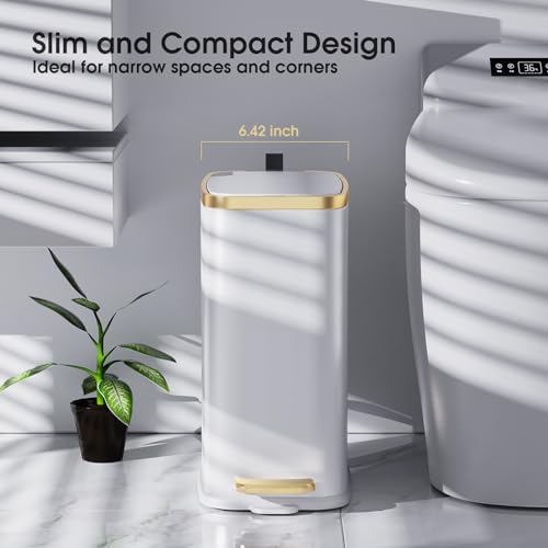 CEROELDA Small Bathroom Trash Can with Lid Soft Close-5L/1.3 Gal Stainless Steel Garbage Can-Step Pedal Wastebasket Slim Trash Bin for Office, Bedroom, Toilet, Live Room-White - color: White, size: 1.3 Gallon
