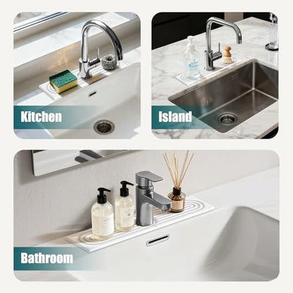 2-Piece Stone Faucet Mat for Kitchen Sink, Split Water-Absorbing Sink Tray with Center Faucet Opening, White, 15.7 x 3.9 Inches Combined - color: White-Short