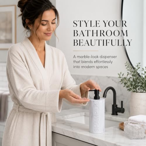 Resin White Marbled Shampoo Engraved Bottle Refillable Pump Dispenser, Durable Waterproof Construction for Bath, Shower - Resin White Marble - Matte Black Pump - color: Shampoo White