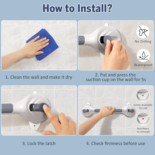 Roylvan 16.8 Inch Grab Bars for Shower with Suction Cups, Drill Free, 1 PCS | Removable & Waterproof Shower Handles for Elderly and Seniors, Shower Safety Handrail for Bathroom, Bathtub