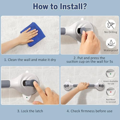 Roylvan 16.8 Inch Grab Bars for Shower with Suction Cups, Drill Free, 1 PCS | Removable & Waterproof Shower Handles for Elderly and Seniors, Shower Safety Handrail for Bathroom, Bathtub