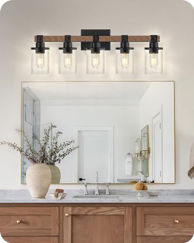 5-Light Bathroom Light Fixture, Farmhouse Vanity Lights for Bathroom with Glass Shade, Rustic Bathroom Light Fixtures, E26 Base F10BD05W1 - size: 5-Light