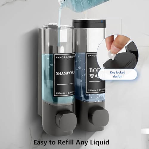 Shampoo and Conditioner Dispenser, 2 Chamber 300ml, Wall Mounted, Gray | Shower Soap Dispenser, Refillable Hand Soap Dispensers, Body Wash Dispenser for Bathroom, Kitchen, Hotel, Home - color: Gray, size: 2 Chamber