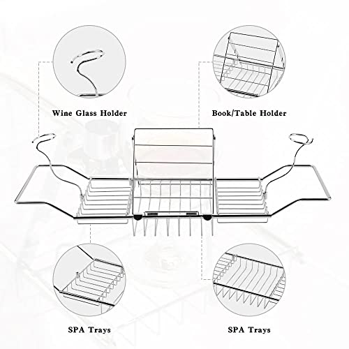 Expandable Bathtub Caddy Tray with Wine Holder & Reading Rack,Silver | Adjustable 20"-38" fits most tubs,Includes Soap Dish Wine Holder and Laptop Reading Rack,Bathtub Tray for Home - color: Silver