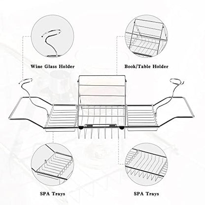 Expandable Bathtub Caddy Tray with Wine Holder & Reading Rack,Silver | Adjustable 20"-38" fits most tubs,Includes Soap Dish Wine Holder and Laptop Reading Rack,Bathtub Tray for Home - color: Silver