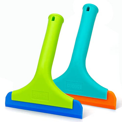 Super Flexible Silicone Squeegee, Auto Water Blade, Water Wiper, Shower Squeegee, 5.9'' Blade and 7.5'' Long Handle, for Car Windshield, Window, Mirror, Glass Door, Green+Lake Blue - color: Green+lake Blue