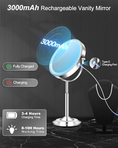 1X/30X 8" Magnifying Makeup Mirror with Lights Height Adjustable for Desk | 3000mAh Rechargeable Lighted Magnifying Mirror Double Sided Vanity Mirrors with 3 LED Lighting Touch Dimmable for Women Gift