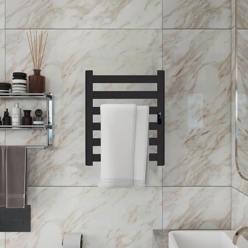 6-Bar Wall Mounted Towel Warmer Rack, Electric Heated Towel Rack for Bathroom, Fast Heating & Constant Temperature, Built-in Timer & Adjustable Temp, Plug-in, Matte Black - color: Black, size: 6-Bars