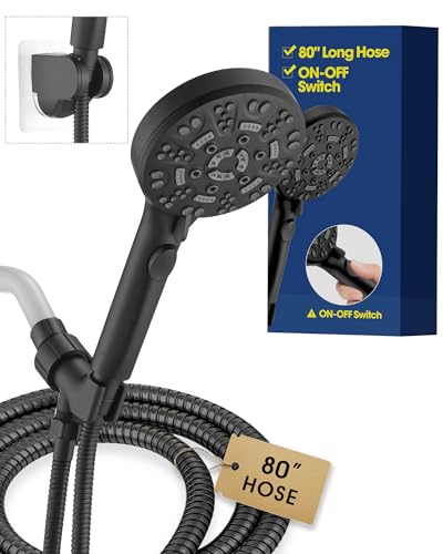 Handheld Shower Head with 6.56ft Extra Long Hose, On Off Switch 8-Seting High Preesure Hand Held Showerhead, Low-Reach Adhesive Holder for Kid, Disable& Elder (Matte Black) - color: Matte Black