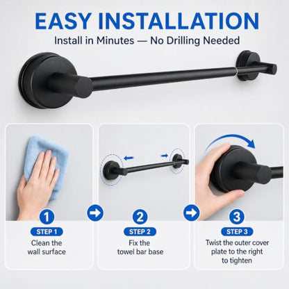 Adjustable Suction Cup Towel Bar, 11.3-22.17 Inch Matte Black | No-Drill Stainless Steel Design, Reusable Suction Mount, for Smooth Tile, Glass, Mirror, Metal and Plastic - color: Matte Black
