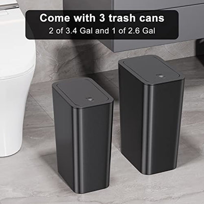 N. NETDOT Bathroom Trash Can with Lid 3 Pack Set, 2 Packs 4 Gal Slim Kitchen Trash Bin and 1 Pack 2.6Gal Garbage Can, Small Trash Can/Trash Bin/Waste Basket for Bedroom (Black, Pack of 3) - color: Black, size: 2 X 4 Gal & 1 X 2.6 Gal