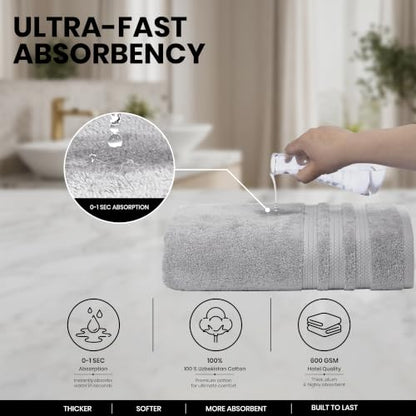 Bath Towels Set of 4 Extra Large, 30x60 in, 100% Uzbek Cotton 600 GSM Oeko-TEX, Larger & Lighter Weight, Quicker to Dry, Super Soft and Absorbent Perfect for Bathroom–Light Grey - color: Light Grey