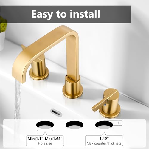 Brushed Gold Bathroom Faucet 3 Hole 8 Inch Widespread Waterfall | 2-Handle Vanity Faucet, Pop-Up Drain, Supply Lines, Adjustable 4- to 16-Inch Widespread Fit, 360° Swivel Spout - color: Brushed Gold