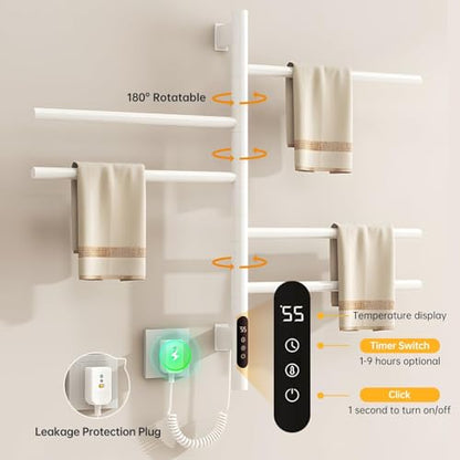 180°Rotation Electric Heated Towel Rack Wall Mounted Towel Warmer Racks 5 Bars Hardwired & Plug-in Hot Towel Rack with 1H-9H Timer for Home Bathroom Salons and Spas (White) - size: G63