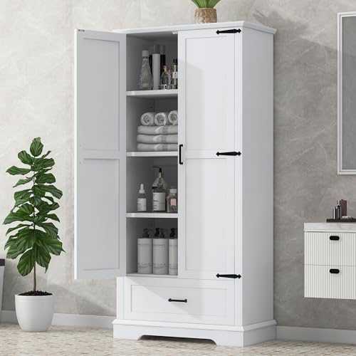 JIVOIT 69''H Tall Bathroom Storage Cabinet, Modern Storage Cabinet with Adjustable Shelves, Two Doors and One Drawer, Four Tiers Shelves, MDF Board - color: White * 147