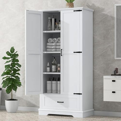JIVOIT 69''H Tall Bathroom Storage Cabinet, Modern Storage Cabinet with Adjustable Shelves, Two Doors and One Drawer, Four Tiers Shelves, MDF Board - color: White * 147