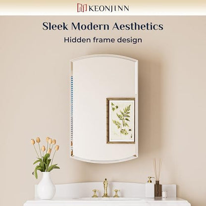 Keonjinn Medicine Cabinet 16 x 26 Inch, Surface Mount or Recessed Cabinets with Mirrors, White Metal Framed Wall Mirror with Storage, 2 Adjustable Shelves, Beveled Edge Frame | Adjustable Shelves, Different Curved Frame Design, Wall Mirror with Storage, S