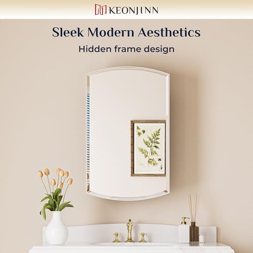 Keonjinn White Medicine Cabinet with Mirror 24” x 30”, Metal Framed Wall Cabinet with Beveled Mirror, Surface Mount or Recessed Medicine Cabinet for Bathroom, Bathroom Mirror with Storage | Metal Framed, Wall-Mounted or Recessed Bathroom Oval Medicine Cab